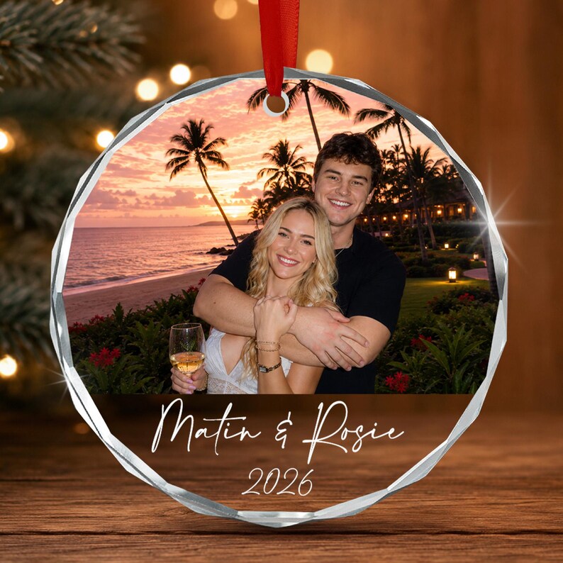 Personalized Couple Photo Ornament, Custom Name and Year Glass Keepsake