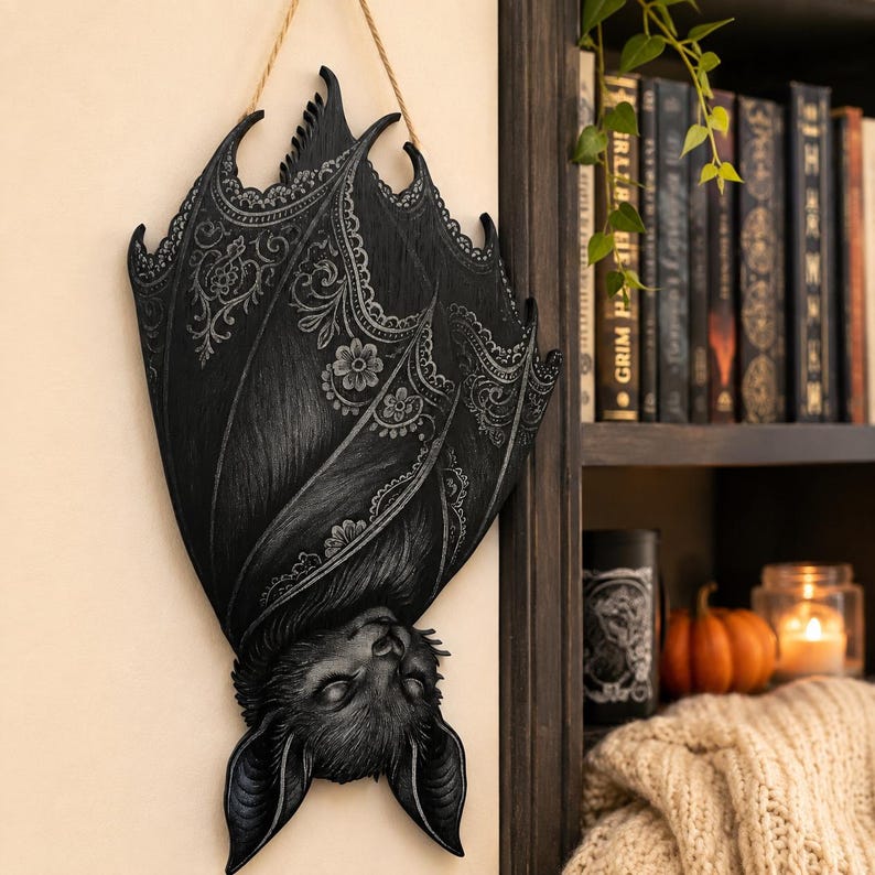 Gothic Bat Wooden Sign, Halloween Door Hanger, Spooky Bat Porch Decor, Dark Witchy Wall Art, Haunted Home Gift, Halloween Decor