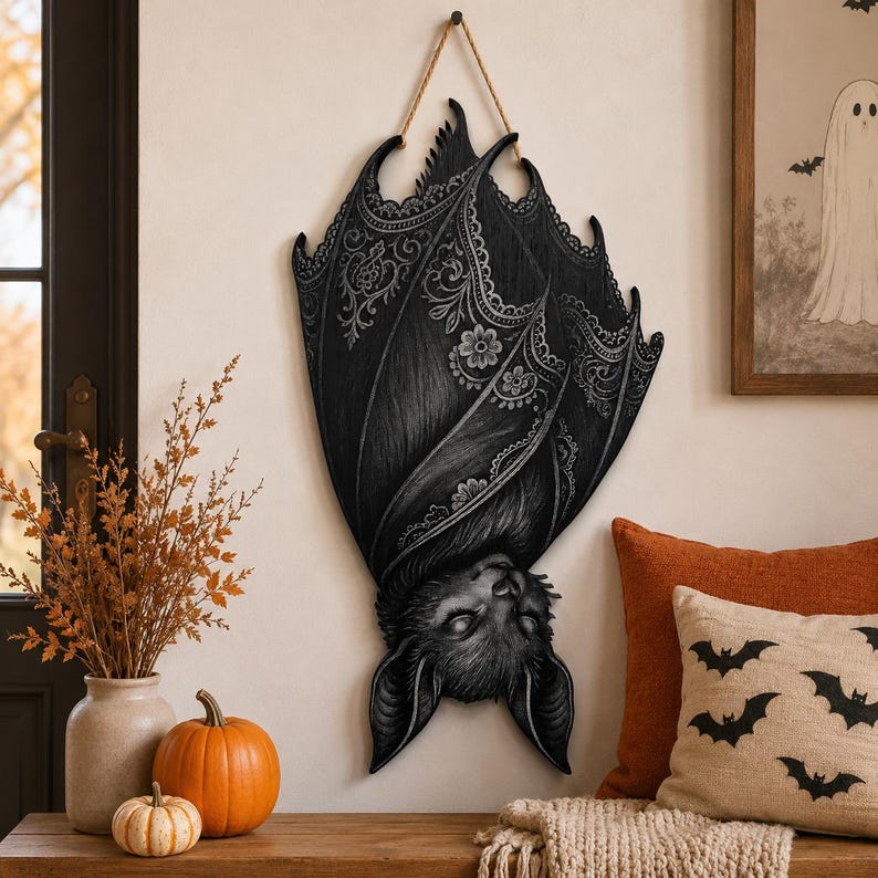 Gothic Bat Wooden Sign, Halloween Door Hanger, Spooky Bat Porch Decor, Dark Witchy Wall Art, Haunted Home Gift, Halloween Decor