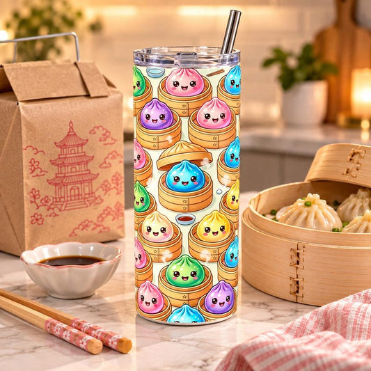 Kawaii Dumpling Tumbler, 20oz Stainless Steel Skinny Cup, Dim Sum Lover Gift