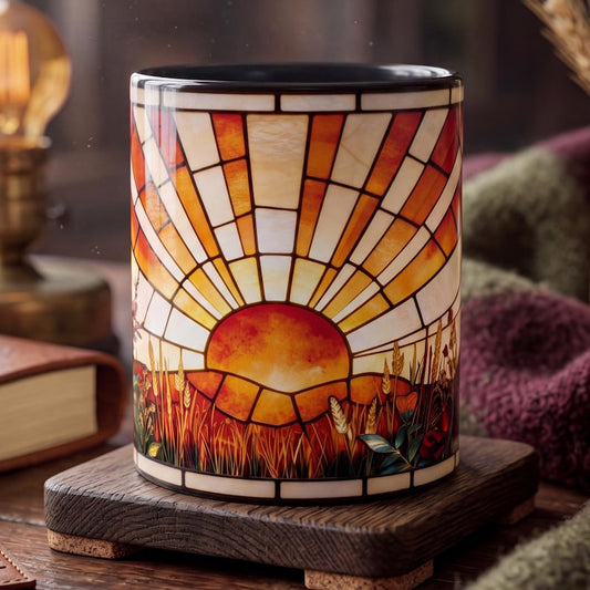 Stained Glass Sunrise Mug, Wildflower Coffee Mug, Boho Floral Sunrise Mug, Cozy Nature Accent Mug, Poppy Daisy Coffee Mug