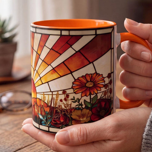 Stained Glass Sunrise Mug, Wildflower Coffee Mug, Boho Floral Sunrise Mug, Cozy Nature Accent Mug, Poppy Daisy Coffee Mug