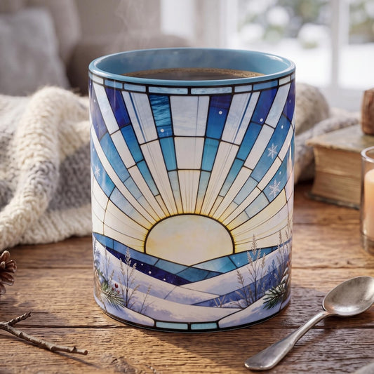 Stained Glass Winter Mug, Snowy Sunrise Coffee Mug, Holiday Lantern Mug, Cozy Winter Accent Mug, Christmas Snowflake Coffee Mug