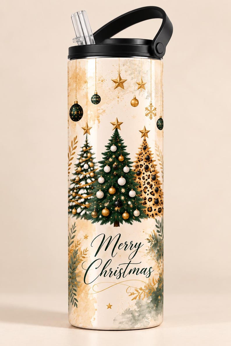 20 oz Stainless Steel Christmas Tumbler, Leopard Tree Design