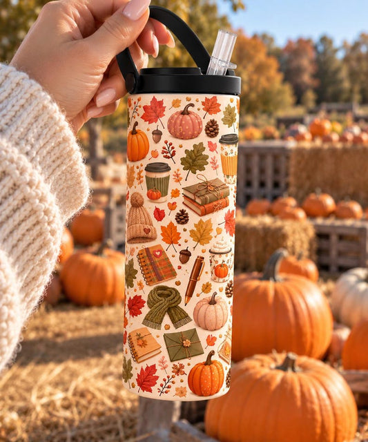 20oz Stainless Steel Fall Tumbler, Pumpkin Leaves Coffee Cup (Straw Included)