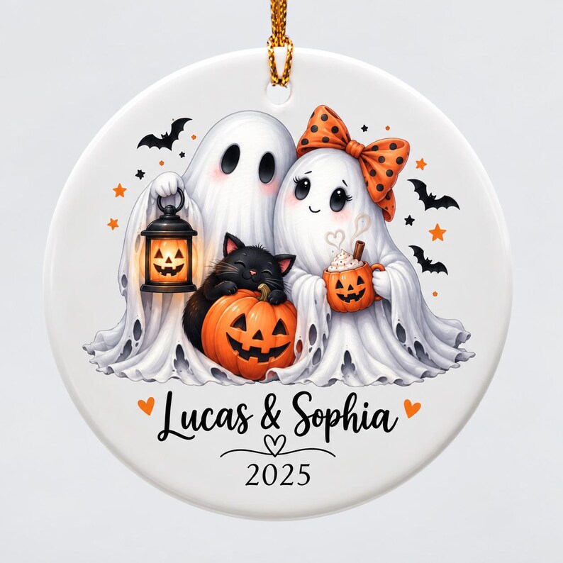 Personalized Halloween Couple Ornament, Custom Name Ghost Pumpkin Ornament, Cute Spooky Couple Keepsake, Halloween Gift
