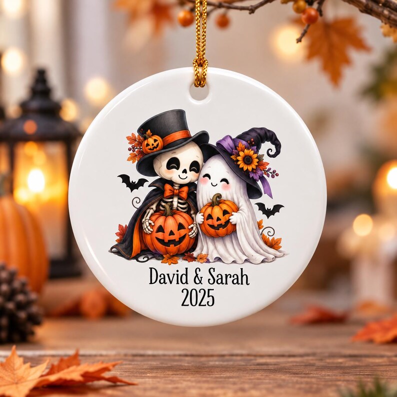 Personalized Halloween Couple Ornament, Custom Name Ghost Pumpkin Ornament, Cute Spooky Couple Keepsake, Halloween Gift