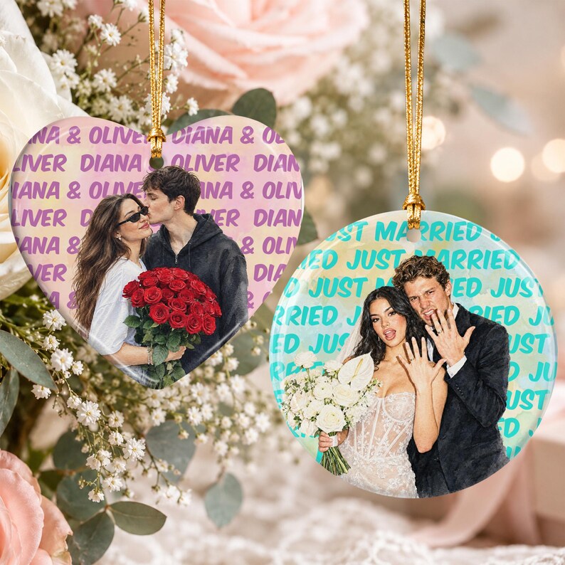 Engagement Ceramic Ornament, Personalized Watercolor Photo Wedding Gift, Newlywed Keepsake, Engaged Gift For Couples, Christmas Tree Decor