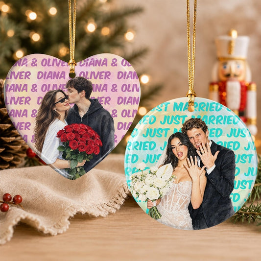 Engagement Ceramic Ornament, Personalized Watercolor Photo Wedding Gift, Newlywed Keepsake, Engaged Gift For Couples, Christmas Tree Decor