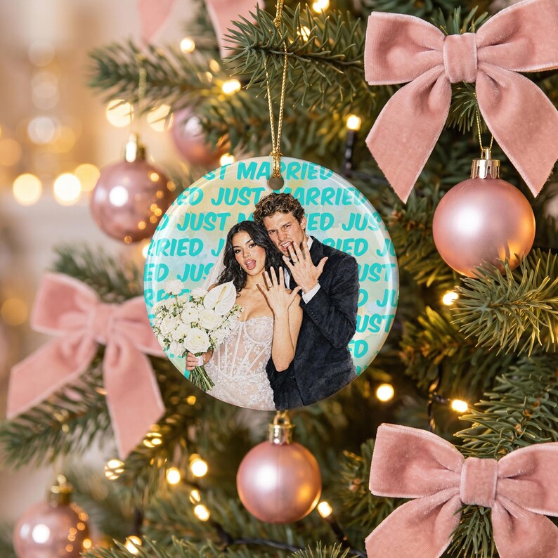 Engagement Ceramic Ornament, Personalized Watercolor Photo Wedding Gift, Newlywed Keepsake, Engaged Gift For Couples, Christmas Tree Decor
