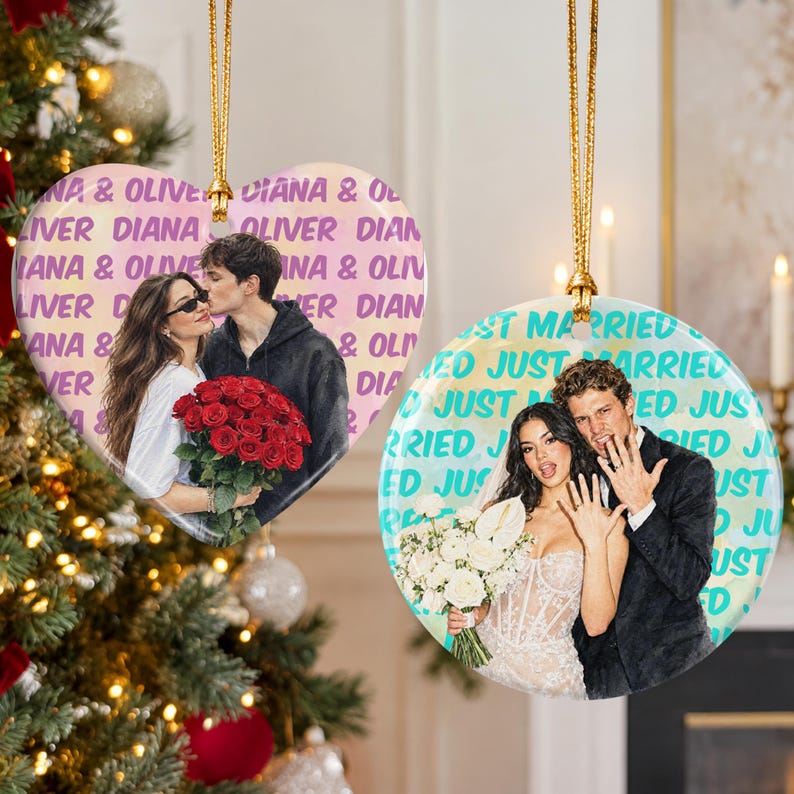 Engagement Ceramic Ornament, Personalized Watercolor Photo Wedding Gift, Newlywed Keepsake, Engaged Gift For Couples, Christmas Tree Decor