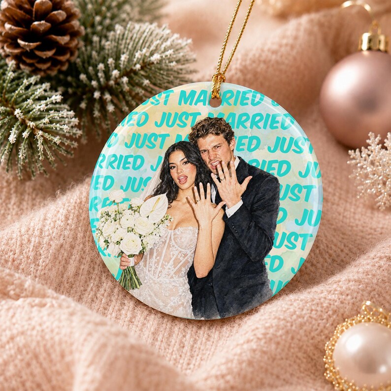 Engagement Ceramic Ornament, Personalized Watercolor Photo Wedding Gift, Newlywed Keepsake, Engaged Gift For Couples, Christmas Tree Decor