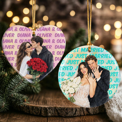 Engagement Ceramic Ornament, Personalized Watercolor Photo Wedding Gift, Newlywed Keepsake, Engaged Gift For Couples, Christmas Tree Decor