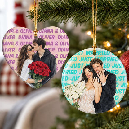 Engagement Ceramic Ornament, Personalized Watercolor Photo Wedding Gift, Newlywed Keepsake, Engaged Gift For Couples, Christmas Tree Decor