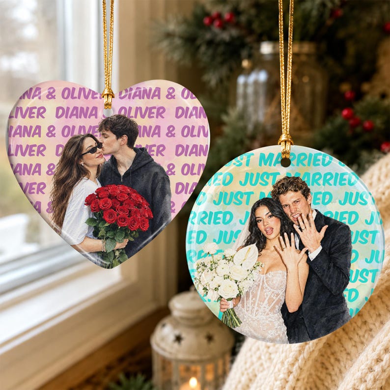 Engagement Ceramic Ornament, Personalized Watercolor Photo Wedding Gift, Newlywed Keepsake, Engaged Gift For Couples, Christmas Tree Decor