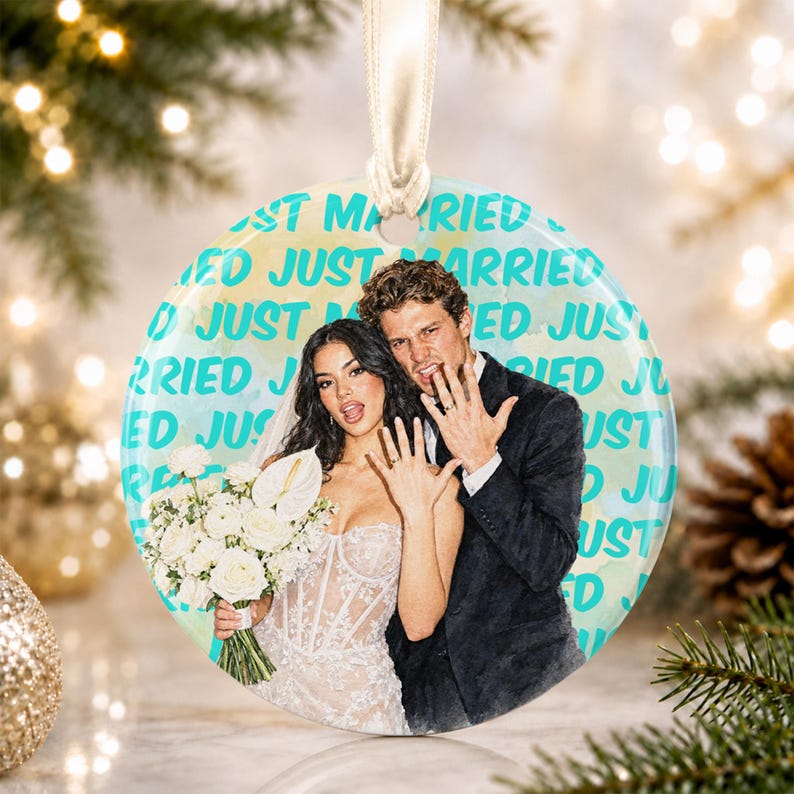 Engagement Ceramic Ornament, Personalized Watercolor Photo Wedding Gift, Newlywed Keepsake, Engaged Gift For Couples, Christmas Tree Decor