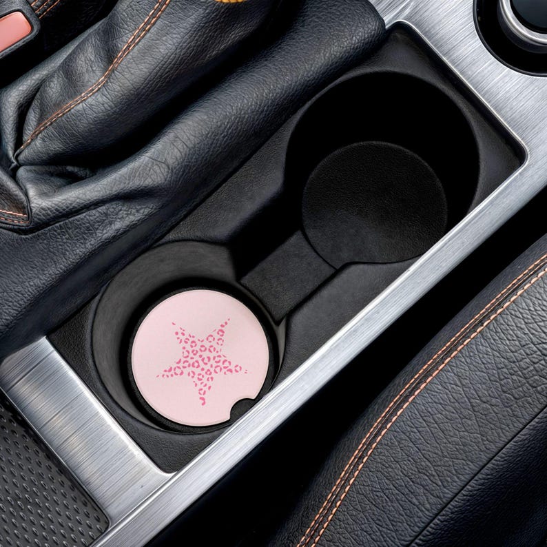 Universal Fit Pink Cheetah Star Car Coasters, 1 or 2pc Soapstone Auto Accessories