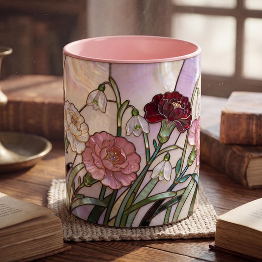 January Birth Flower Mug, Stained Glass Carnation Mug, Snowdrop Floral Coffee Mug, Birthday Gift for Her, Jewel Tone Flower Mug
