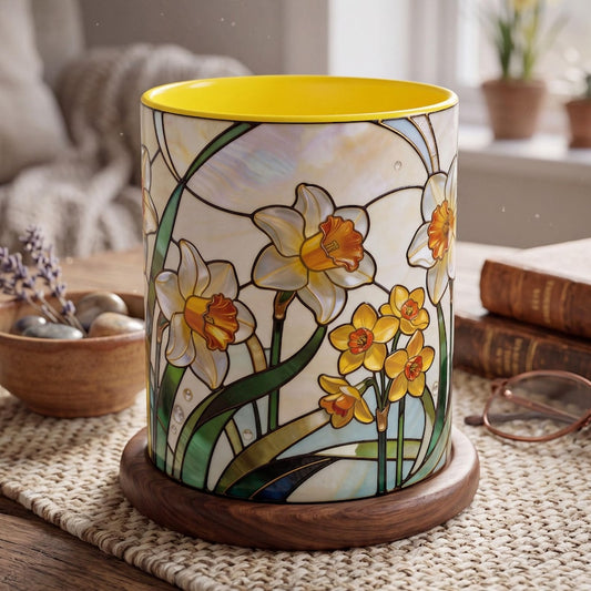 March Birth Flower Mug, Stained Glass Daffodil & Jonquil Mug, March Birthday Gift, Floral Coffee Mug, Jewel Tone Flower Mug