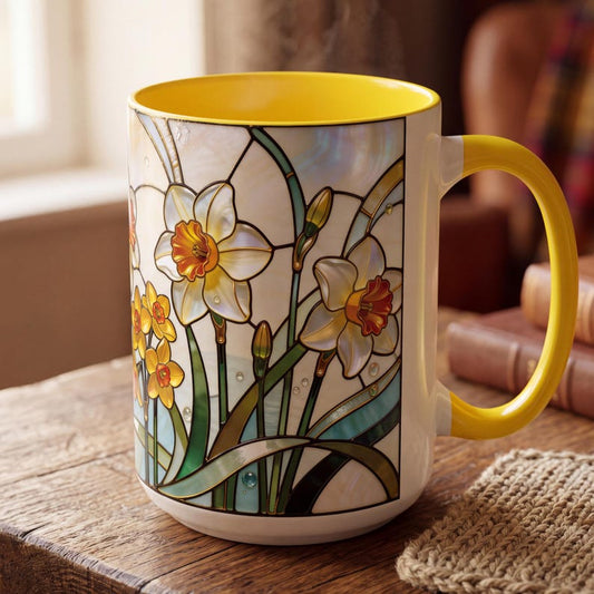 March Birth Flower Mug, Stained Glass Daffodil & Jonquil Mug, March Birthday Gift, Floral Coffee Mug, Jewel Tone Flower Mug