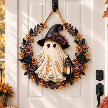 Dark Coquette Ghost Halloween Door Hanger, Witch Ghost Wood Sign, Gothic Floral Wreath Decor, Spooky Fall Front Door Sign, Halloween Porch