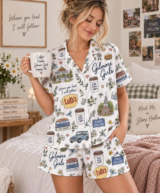 Women’s Gilmore Girls Pajama Set, Stars Hollow Coffee Book Sleepwear, Long Sleeve & Short Sleeve Satin Pajamas, Cozy Gift for Her