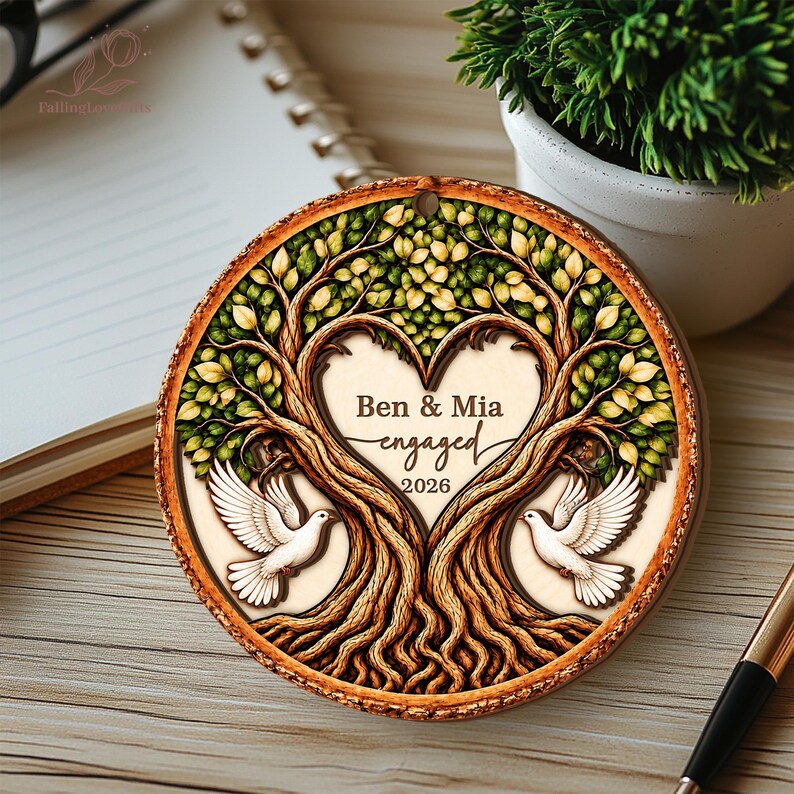 Personalized Engaged 2Layer Wooden Ornament, Engagement Ornament, Engagement Gifts, Wedding Ornament, Newlywed Gifts, Couple Engaged Gift