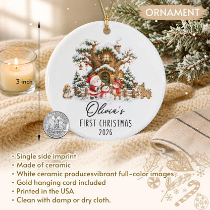 Personalized Baby Photo First Christmas Ornament, Santa Reindeer Winter Forest Double Sides Ceramic