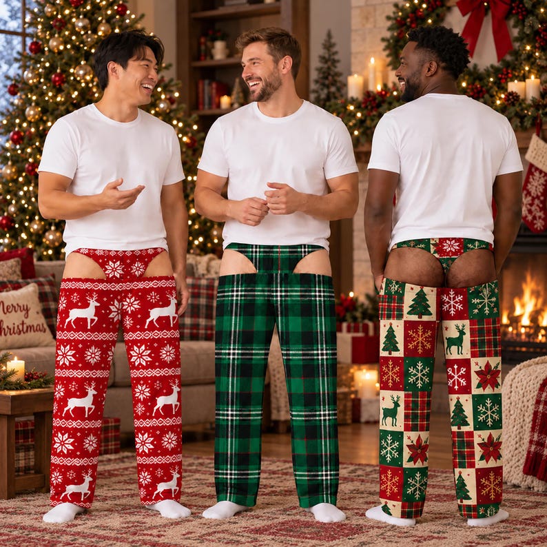 Personalized Funny Men's Christmas Pajamas Pants, Fake Underwear Illusion Plaid Bottoms, Christmas Gag Gift for Men, Ugly Christmas for Him
