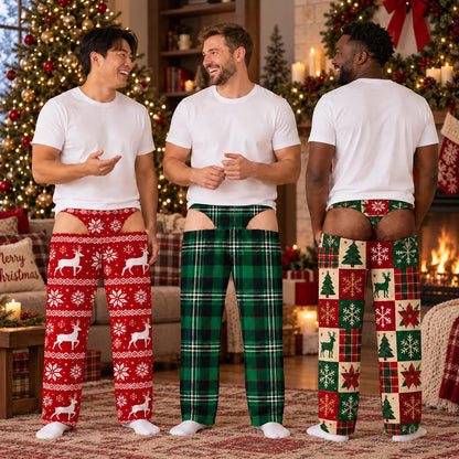 Personalized Funny Men's Christmas Pajamas Pants, Fake Underwear Illusion Plaid Bottoms, Christmas Gag Gift for Men, Ugly Christmas for Him