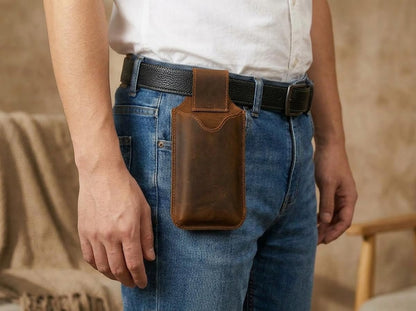 100% Genuine Leather Phone Holster, Buffalo Leather Belt Pouch, Vertical Smartphone Belt Case, Everyday Carry Sleeve, Rugged Phone Holder