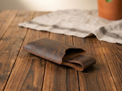 100% Genuine Leather Phone Holster, Buffalo Leather Belt Pouch, Vertical Smartphone Belt Case, Everyday Carry Sleeve, Rugged Phone Holder