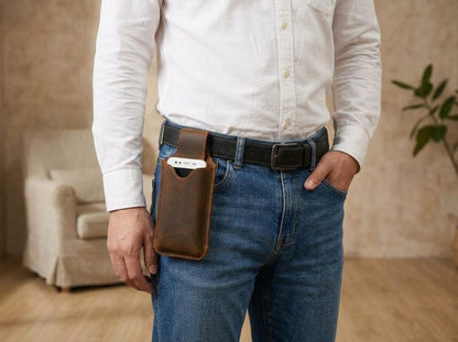 100% Genuine Leather Phone Holster, Buffalo Leather Belt Pouch, Vertical Smartphone Belt Case, Everyday Carry Sleeve, Rugged Phone Holder