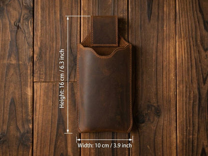 100% Genuine Leather Phone Holster, Buffalo Leather Belt Pouch, Vertical Smartphone Belt Case, Everyday Carry Sleeve, Rugged Phone Holder