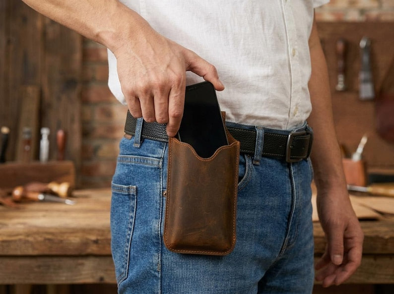 100% Genuine Leather Phone Holster, Buffalo Leather Belt Pouch, Vertical Smartphone Belt Case, Everyday Carry Sleeve, Rugged Phone Holder
