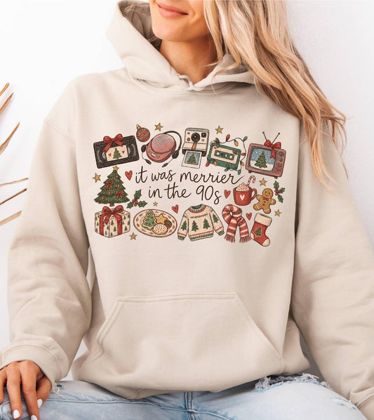 90s Christmas Hoodie It Was Merrier In The 90's, Cozy Xmas Holiday Hoodie Winter Gift for Her