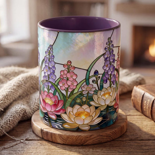 July Birth Flower Mug, Stained Glass Larkspur & Water Lily Mug, July Birthday Gift, Floral Coffee Mug, Jewel Tone Flower Mug