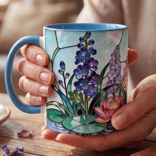July Birth Flower Mug, Stained Glass Larkspur & Water Lily Mug, July Birthday Gift, Floral Coffee Mug, Jewel Tone Flower Mug