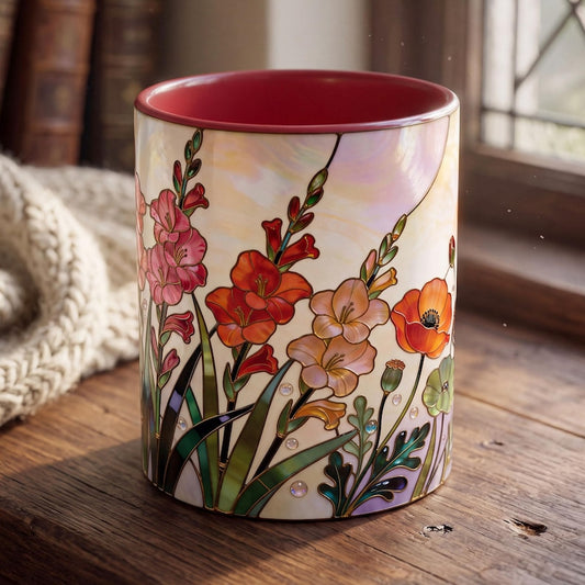 August Birth Flower Mug, Stained Glass Gladiolus & Poppy Mug, August Birthday Gift, Floral Coffee Mug, Jewel Tone Flower Mug