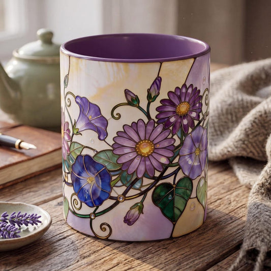 September Birth Flower Mug, Stained Glass Aster & Morning Glory Mug, September Birthday Gift, Floral Coffee Mug, Jewel Tone Mug