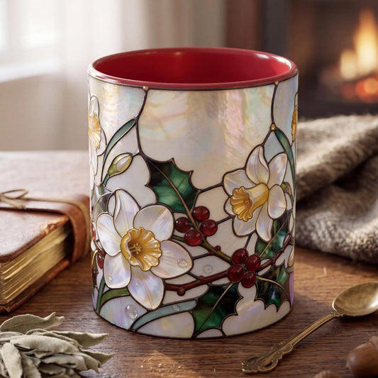 December Birth Flower Mug, Stained Glass Narcissus & Holly Mug, December Birthday Gift, Floral Coffee Mug, Jewel Tone Flower Mug
