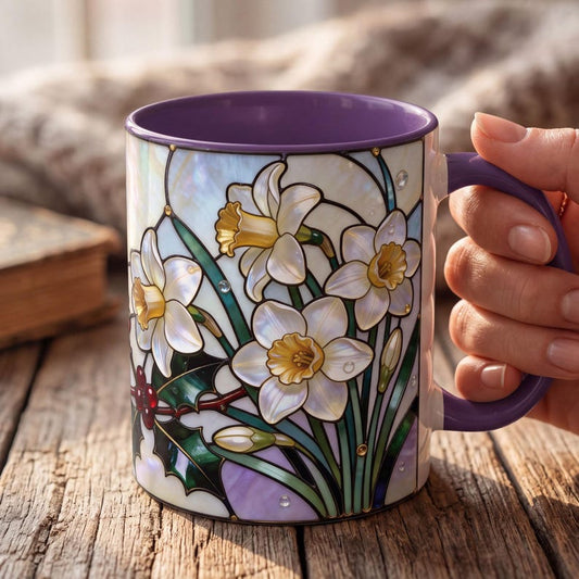December Birth Flower Mug, Stained Glass Narcissus & Holly Mug, December Birthday Gift, Floral Coffee Mug, Jewel Tone Flower Mug