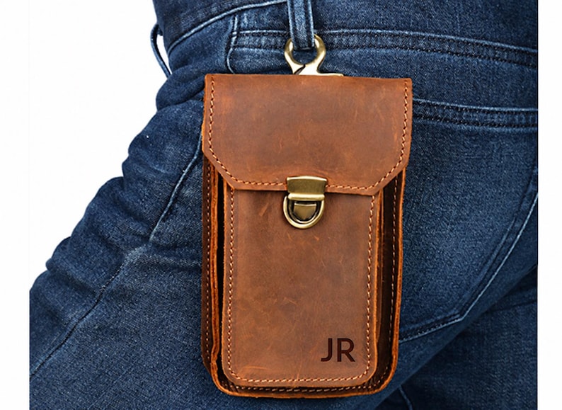 Personalized Crazy Horse Leather Phone Holster, Custom Engraved Double Belt Pouch for Workers
