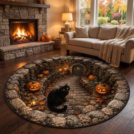 3D Illusion Halloween Rug, Black Cat Pumpkin Round Area Rug, Non Slip Stone Pathway Mat, Cozy Autumn Fall Cottagecore Living Room Rug