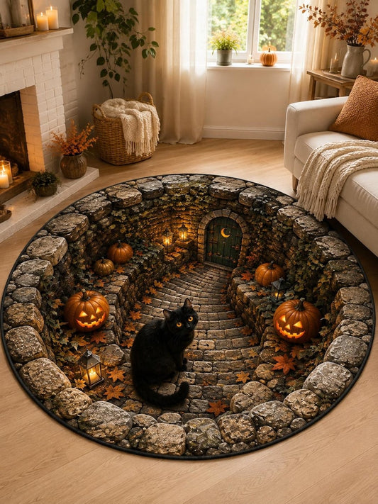 3D Illusion Halloween Rug, Black Cat Pumpkin Round Area Rug, Non Slip Stone Pathway Mat, Cozy Autumn Fall Cottagecore Living Room Rug