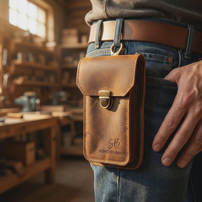 Personalized Crazy Horse Leather Phone Holster, Custom Engraved Double Belt Pouch for Workers