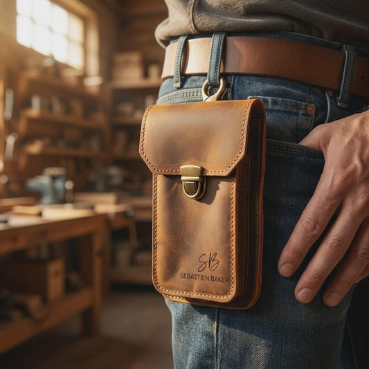 Personalized Crazy Horse Leather Phone Holster, Custom Engraved Double Belt Pouch for Workers