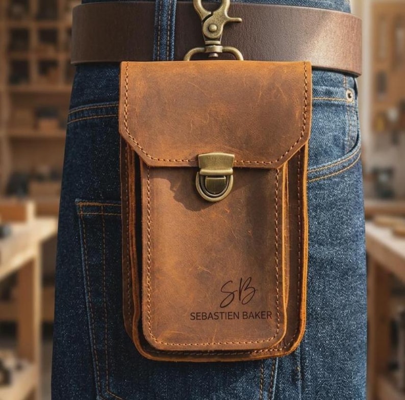 Personalized Crazy Horse Leather Phone Holster, Custom Engraved Double Belt Pouch for Workers