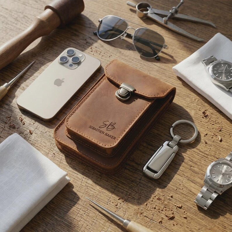 Personalized Crazy Horse Leather Phone Holster, Custom Engraved Double Belt Pouch for Workers