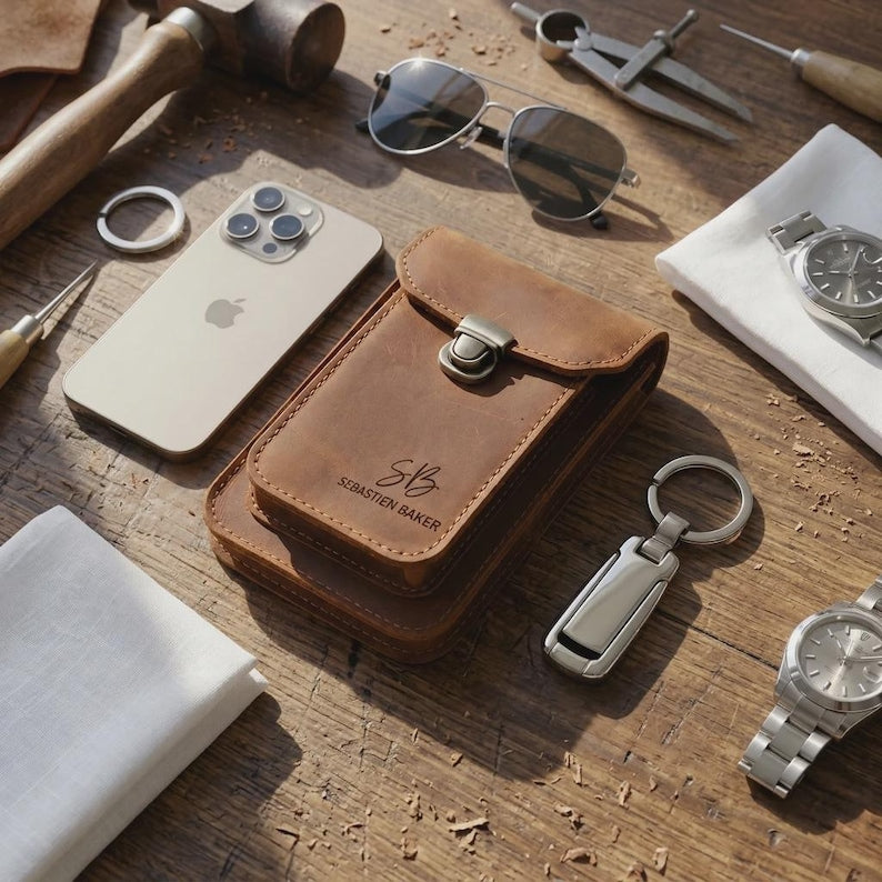 Personalized Crazy Horse Leather Phone Holster, Custom Engraved Double Belt Pouch for Workers